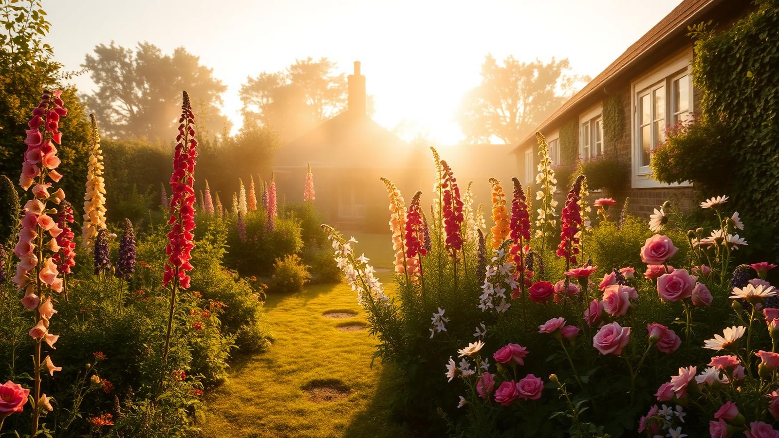 An English cottage garden in golden hour light